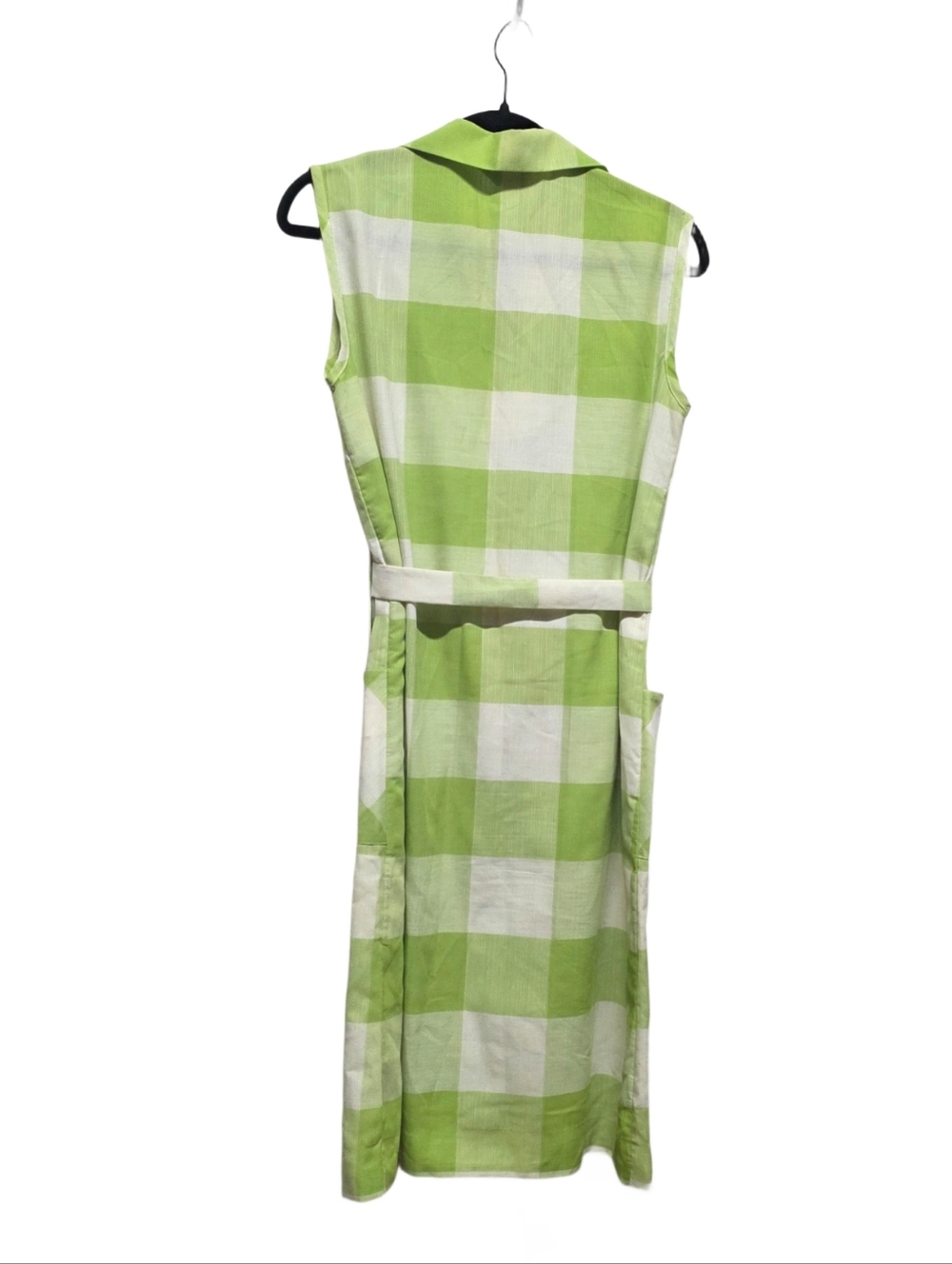 Vintage 1960s Skimma Lime Green White Gingham Zip Front Belted Shirt Dress Sz S - Picture 3 of 5